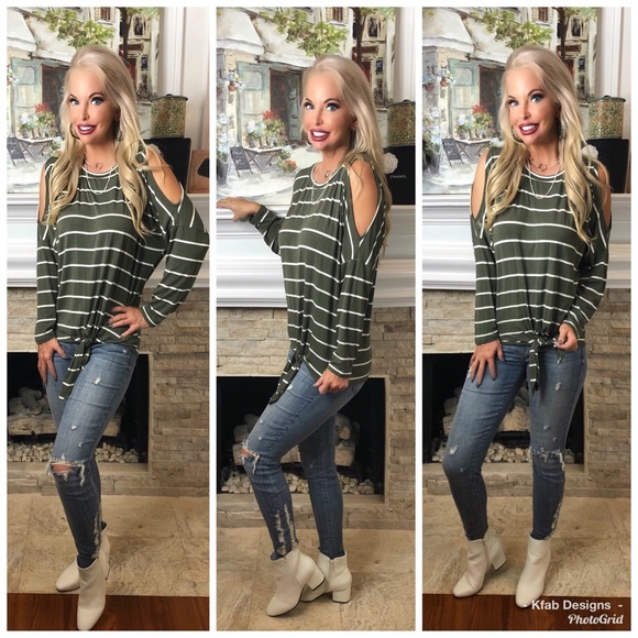 ๐LAST! Olive Striped Cold Shoulder Front Tie Top! - Picture 6 of 6